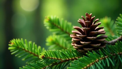 Fototapeta premium Pine cone nestled among lush green fir branches, nature, forest, pinecone