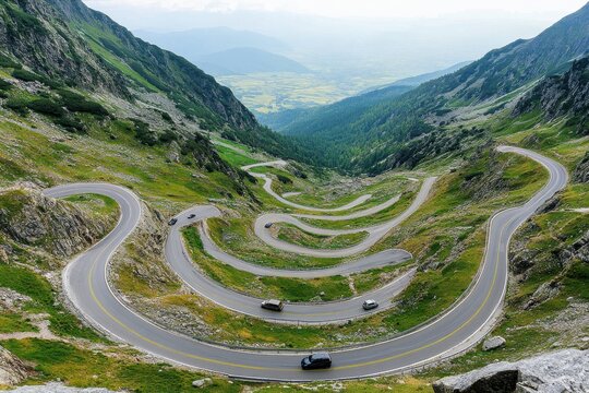 Scenic Mountain Road with Serpentine Curves and Green Landscape