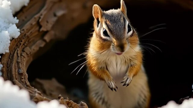Funny small chipmunk with open mouth in snowy burrow entrance 