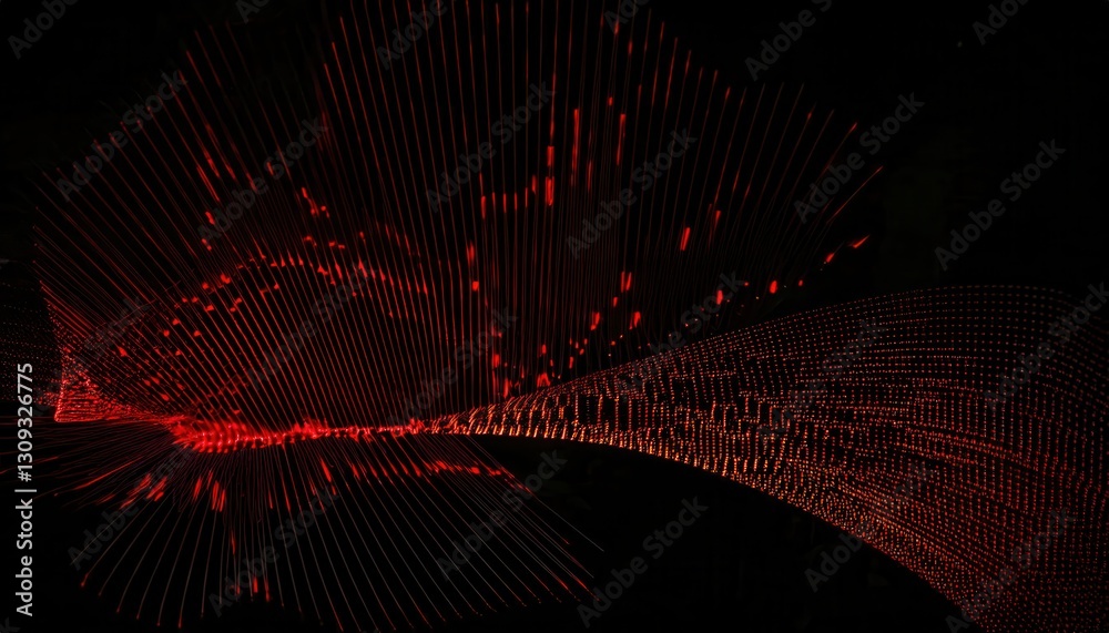 Poster long exposure abstract red light trail pattern with glowing arcs and grid lines against dark backgro