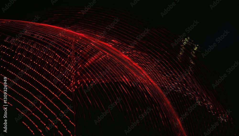 Aufkleber long exposure abstract red light trail pattern with glowing arcs and grid lines against dark background, ideal for technology or futuristic design concepts

