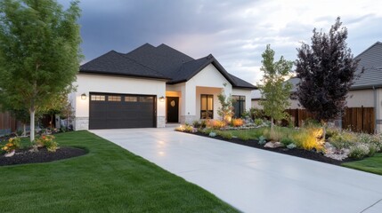 Modern white house with black garage door, landscaped yard, and driveway at dusk.