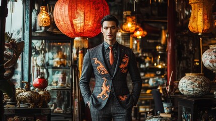 Obraz premium Portrait of a Stylish Asian Man in Embroidered Suit