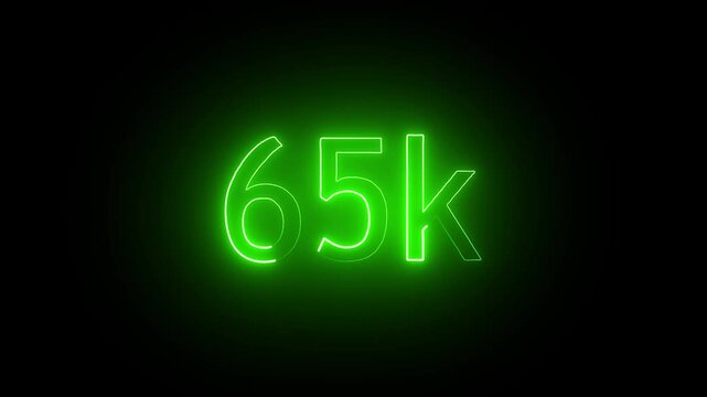 glowing neon 65K text animation on black background. 65k Followers Celebration text animation.