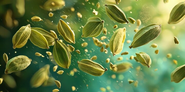 Green cardamom pods bursting open mid-air on a vibrant green and gold backdrop