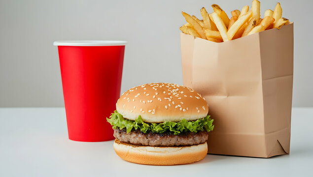 brown paper bag with french fries, next to it is a large hamburger and a small red cup of soft drink