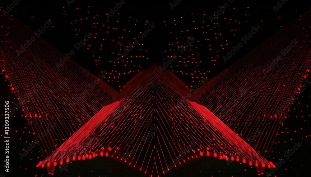 Poster long exposure abstract red light trail pattern with glowing arcs and grid lines against dark background, ideal for technology or futuristic design concepts

