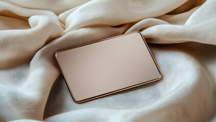 A blank rectangular badge mockup with a pin, placed on a soft fabric background in a neutral color scheme.