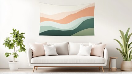 Modern living room with a stylish sofa, decorative pillows, and abstract wall art in calming color