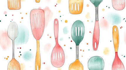 Colorful Kitchen Utensils with Watercolor Design, Cooking Tools, Vibrant Cooking Accessories Pattern