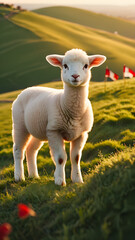 Fototapeta premium White lamb on green hill, sunrise. Christian flag, Lamb of God symbol. Serene, poetic Easter image. Faith & peace.