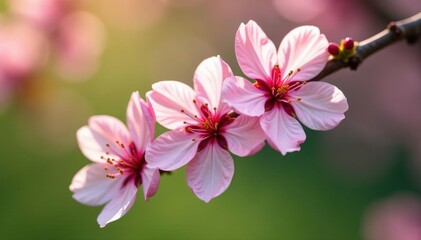 Pink almond blossom in full bloom on a branch, nature, petals, green