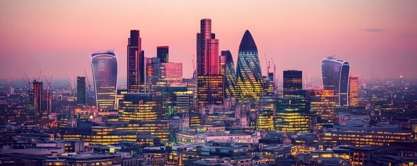 Fototapeta premium Illuminated metropolitan cityscape under a vibrant and colorful evening sky