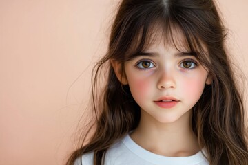 Fototapeta premium Young girl with long brown hair and natural makeup, looking curiously at the camera