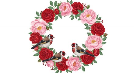 Floral Wreath with Small Birds Perched on Red and Pink Roses