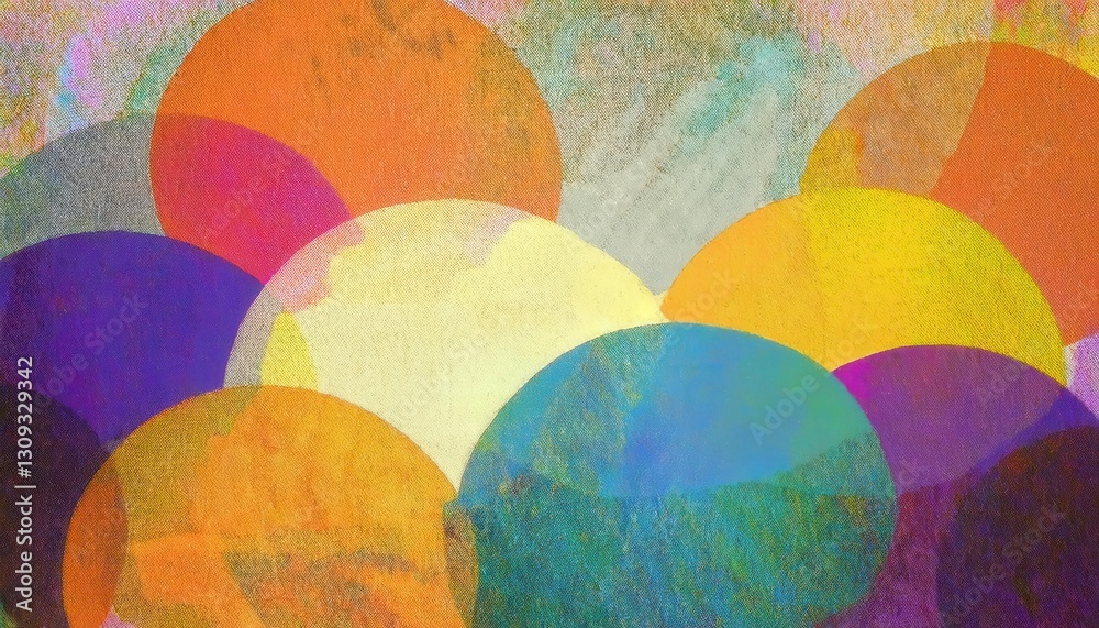 Aufkleber vibrant overlapping circles abstract art, colorful geometric pattern with textured canvas surface fo
