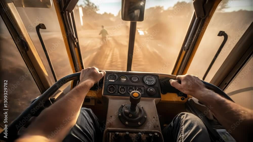 Poster construction worker guiding heavy grader across dusty rural road during golden sunset, creating hazy