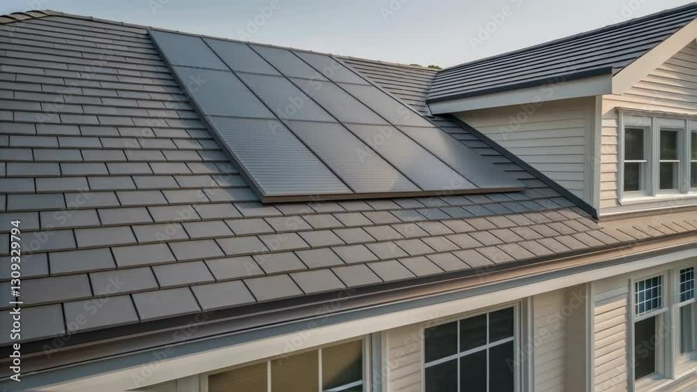 Poster sunlight reflecting on newly installed solar panels integrated into existing roof tiles on a suburba