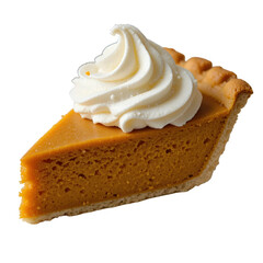 Delicious Pumpkin Pie Slice with Whipped Cream on Black Background.