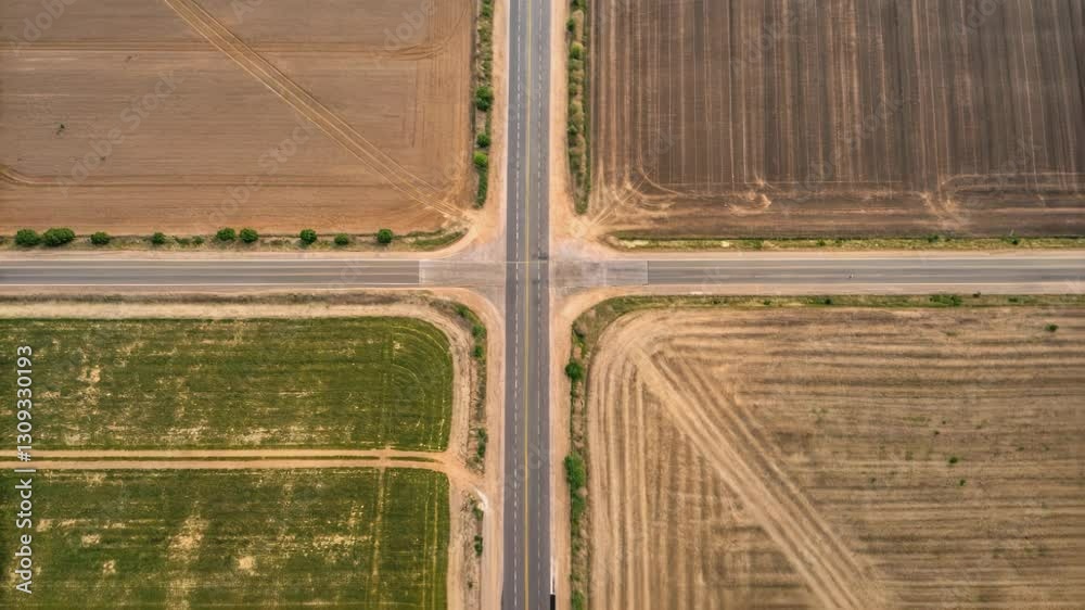 Poster Aerial landscape revealing agricultural crossroads, showcasing dynamic color and texture transitions through frame by frame stop motion sequence capturing changing rural farmland patterns