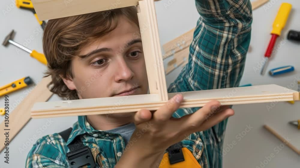 Aufkleber Skilled woodworker carefully examining wooden furniture components, aligning pieces with precision and crafting custom design in workshop setting