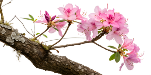 A blooming azalea branch with soft pink petals and light green foliage.