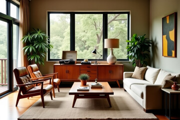 A stylish modern mid-century living room with warm tones and minimalist decor  .