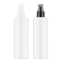 Clear realistic spray bottles mockup with white and black caps. Vector illustration isolated on white background. Сan be used for cosmetic, medical, sanitary and other needs. EPS10.