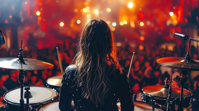 Female drummer performing on stage with lively crowd in background, creating energetic atmosphere