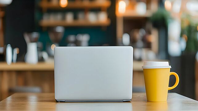 Laptop and Coffee Cup on a Wooden Table in a Cafe Interior with Blurred Background