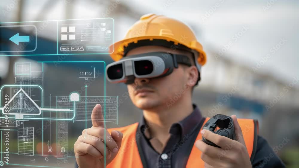 Poster Professional engineer wearing high tech augmented reality glasses, controlling advanced robotic arm using precise joystick and intuitive hand gestures within modern industrial shipyard environment