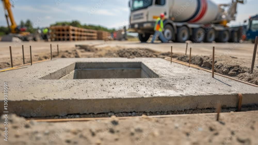 Poster Construction workers pouring concrete slab for foundation of building showing gradual change in appearance during drying process at construction site