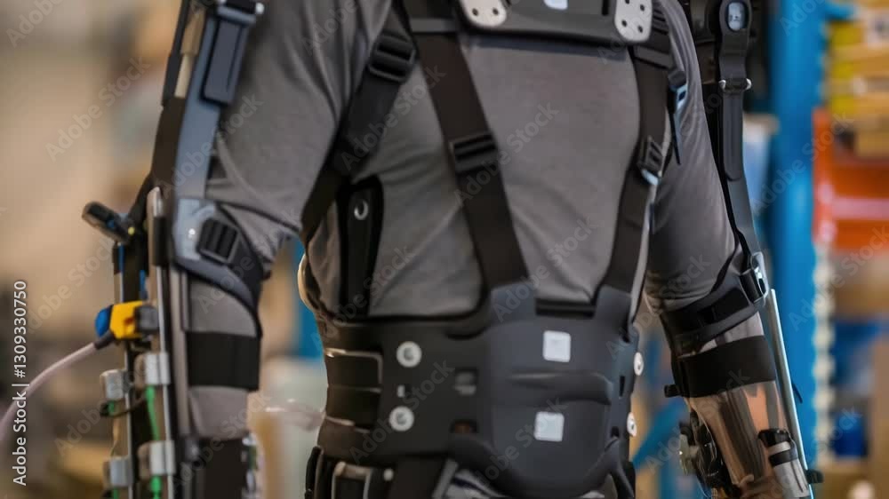 Poster innovative technology empowers a construction worker with an exoskeleton, enhancing strength and end