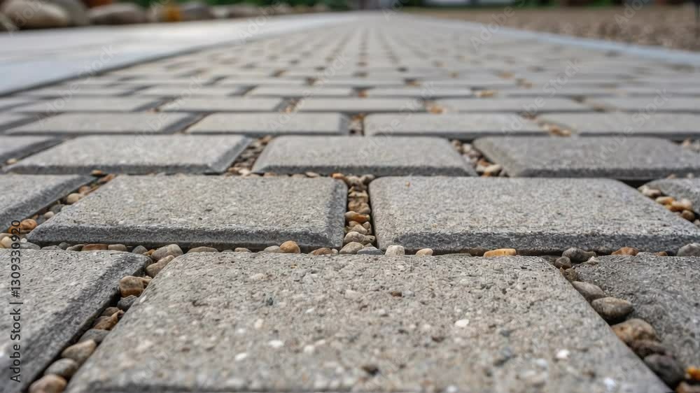 Poster paving stones road perspective gradually moving forward, focusing on the texture and arrangement of 