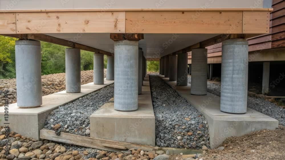 Poster construction progress is visible on a house foundation, revealing concrete piers meticulously arrang