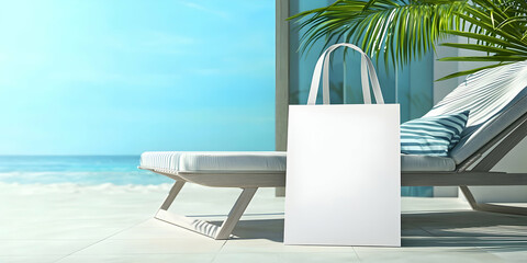 A fully blank beach tote bag mockup placed next to a lounge chair on a bright summer day.