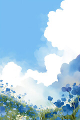 Fototapeta premium 青一色に染まる美しい丘と入道雲 初夏の爽快な風景