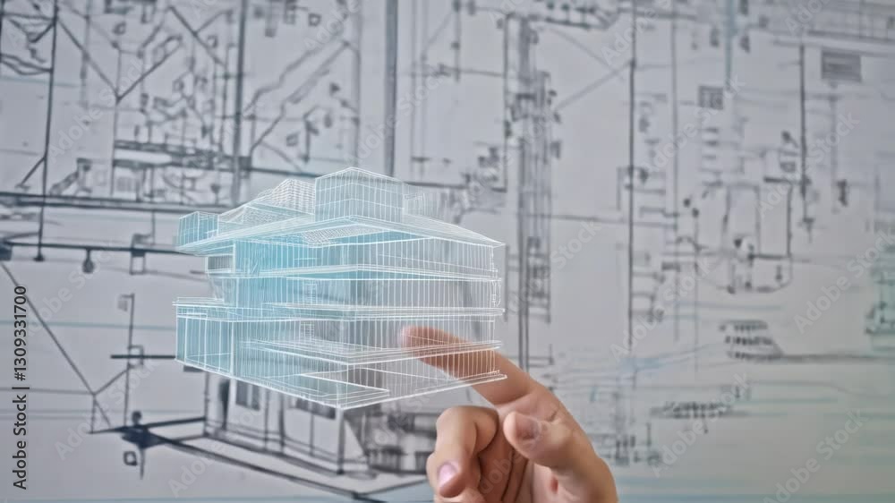 Aufkleber Professional architect using virtual reality headset and safety helmet, interacting with holographic building projection during design review process