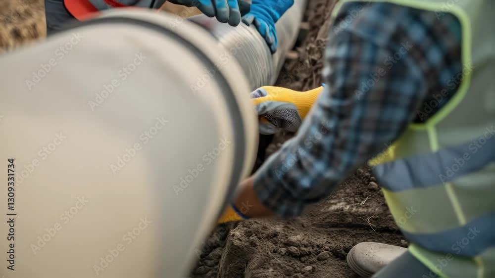 Fototapete professional construction workers are carefully joining sections of large water pipes together in a 