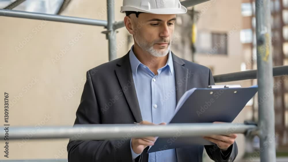 Aufkleber architect wearing suit and hardhat takes notes on clipboard while talking to construction worker wea