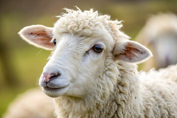 The Innocent Face of a Sheep in a Lush Green Pastu