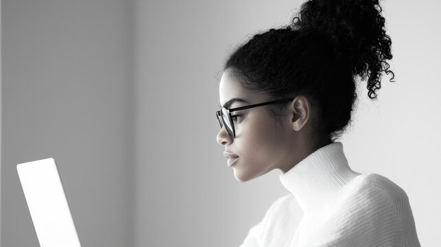 Businesswoman working late at night using futuristic transparent display analyzing stock market data - Powered by Adobe