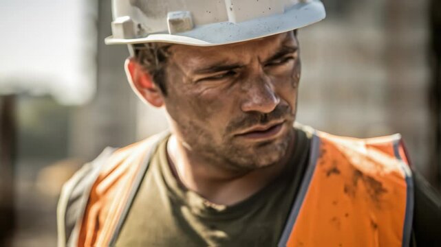 Close up portraits of a male construction worker, wearing a hard hat and safety vest, capture a range of emotions from exhaustion and contemplation to determination and frustration