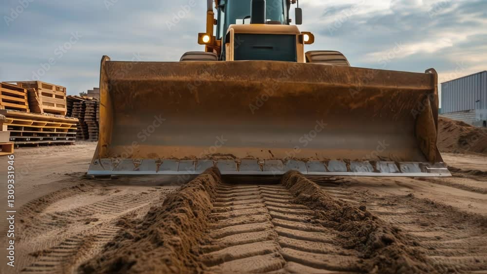 Poster Heavy machinery operating on a construction site, pushing sand with its front blade, creating a path through the terrain, showcasing the process of land preparation