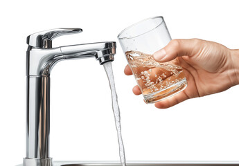 Filling up a glass with drinking water from kitchen tap png on transparent background