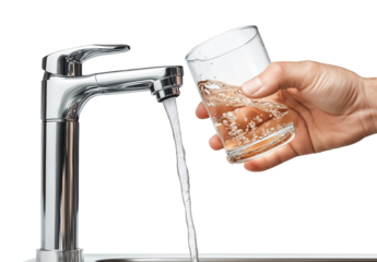 Filling up a glass with drinking water from kitchen tap png on transparent background