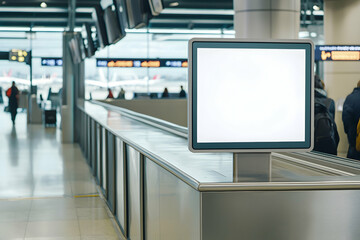 Fototapeta premium A blank advertising screen mockup on a sleek information kiosk at an airport departure gate.