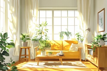 Sunny living room interior with plants and yellow couch (1)