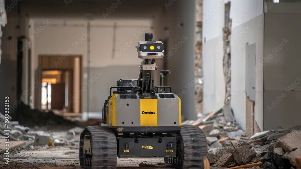 Aufkleber Autonomous tracked robot inspecting a damaged building after a disaster, moving through debris and rubble, assessing the structural integrity and safety