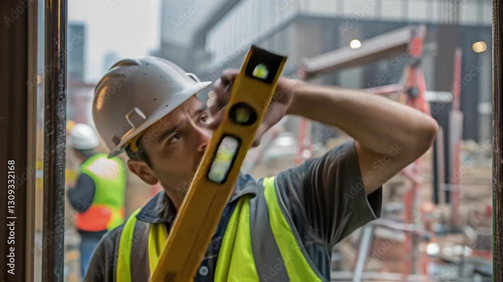 Fototapete Construction worker using a spirit level to check alignment and verticality during building construction, ensuring structural integrity and precise measurements